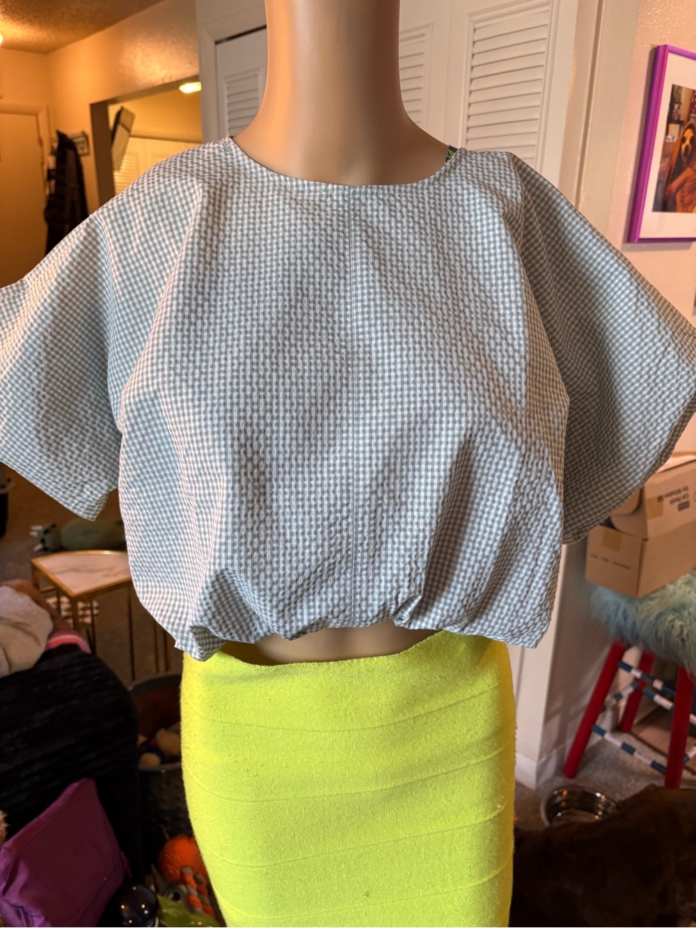 NWT Hunter Crop Bubble Top Lite Green Gingham Plaid XS